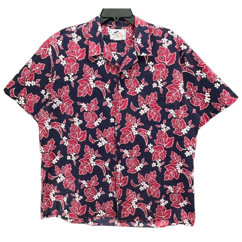 Vintage Nui Nalu Camp Shirt Mens XL Blue Red Floral Hawaiian Beach Travel Cruise